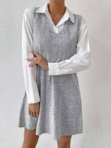 SHEIN Raffinéa 纯色无袖针织休闲连衣裙，秋冬款 - 灰色 - 查看 6