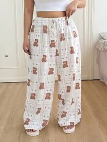 CovetEZ Quần ống rộng buộc eo họa tiết gấu và kẻ caro cỡ lớn cho nữ - Màu be - Xem 4