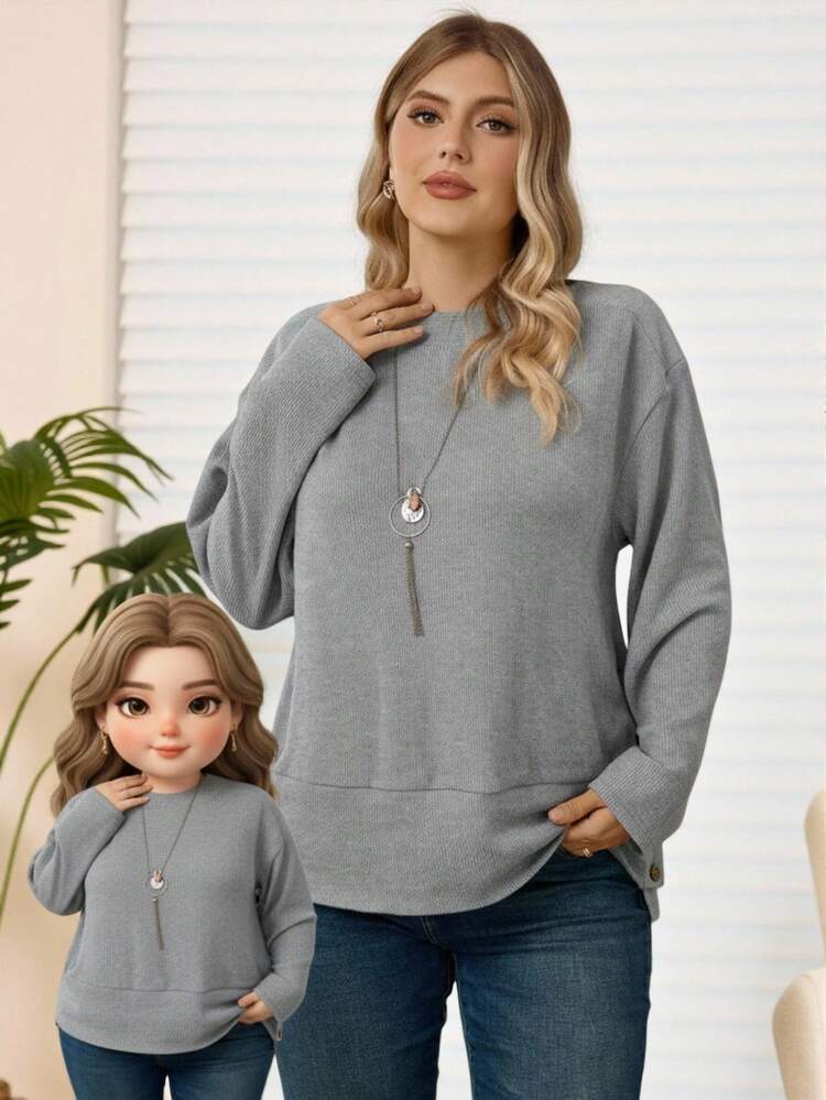 Plus Size Women Button Decor Hem Slit Long Sleeve Casual Grey T-Shirt, Thanksgiving For Women, Autumn/Winter,2025 New