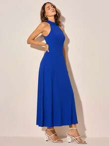 CAJUNI 女士休闲度假性感露肩无袖长裙，优雅适合派对、约会、婚礼，藏蓝色，适合海滩穿着，皇家蓝优雅连衣裙，蓝色长裙，及踝连衣裙，钴蓝色连衣裙，女士蓝色连衣裙 - 寶藍色 - 查看 4