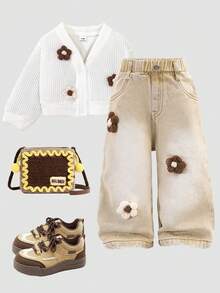 女婴休闲学院风白色针织开衫毛衣和卡其色水洗棉直筒裤，饰有花卉滚边，两件套 - 白色 - 查看 7