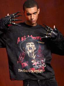 ROMWE MEN A Nightmare on Elm Street X ROMWE 男士恐怖电影肖像图案圆领长袖T恤，秋季款 - 黑色 - 查看 1