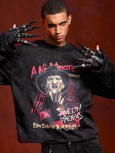 ROMWE MEN A Nightmare on Elm Street X ROMWE 男士恐怖电影肖像图案圆领长袖T恤，秋季款
