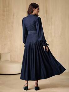 Anewsta 优雅优雅基本款领口长袖系带袖口腰带褶皱下摆女式冬季长袖连衣裙 - 藍色 - 查看 2