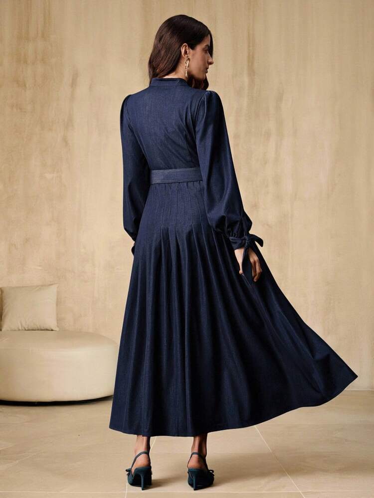 Anewsta Elegant Elegant Basic Collared Long Sleeve Tie Cuff Waist Belt Pleated Hem Women Winter Long Sleeve Dress