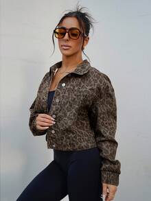 SAYEHFBABY 女士休闲街头时尚豹纹水洗落肩宽松牛仔夹克 - 彩色 - 查看 6
