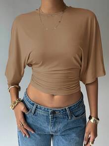 Aloruh 女士纯色圆领蝙蝠袖褶皱短款时尚T恤 - 棕色 - 查看 3
