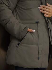 SAYEHFBABY 时尚休闲可调节腰部绗缝中长款连帽加厚棉服外套女士冬季服装 - 灰色 - 查看 4