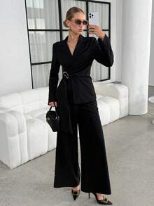 Lavishia V-Neck Metal Buckle Decor Ribbon Waist Suit 2 Pieces Set: Blazer + Pants - Black - View 4