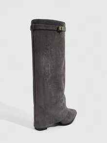 Daringsoles 女士尖头金属装饰时尚高跟过膝长靴 - 深灰色 - 查看 5