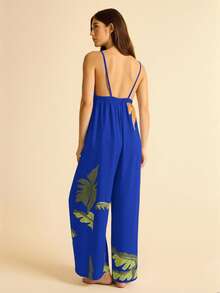 CAJUNI 女士杏色底椰子树和巨嘴鸟印花V领无袖休闲连体裤，夏季海滩度假 - 藍色 - 查看 4