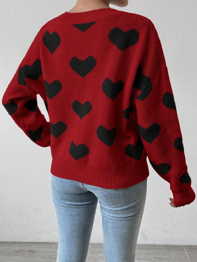 SHEIN LUNE Heart Pattern Dropped Shoulder Crew Neck Loose Knit Pullover Sweater - Multicolor - View 2