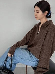 FRIFUL 女士纯色深灰色翻领落肩长袖宽松休闲百搭毛衣，秋冬款 - 棕色 - 查看 2