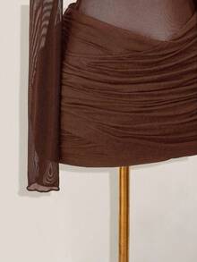 SHEIN ICON Mesh Patchwork Sheer Ruched Long Sleeve Mini Dress,Dresses For Women Party - Brown - View 5