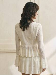 INAWLY 2pcs Casual Elegant Solid Color Jacquard Flare Sleeve Top And Skirt Set - Apricot - View 2