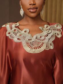 SHEIN Ladiora Women's Brown Collar Floral Lace Batwing Sleeve Midi Dress, Luxurious For Party, Autumn/Winter - Brown - View 3