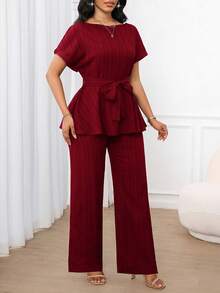 SHEIN Lady Damen Einfarbig, Lässig und Elegant Jacquard Stoff, Lose Taille A-Saum, Kurzarm Top und Lose Gerade Hose Zwei Teile Set, Tragen Sie es im Frühling, Sommer und Herbst Urlaubsoutfits, Bürooutfits für Damen, Kleidung für den Schulanfang, Kirchenoutfits für Damen, Ausgehoutfits, Bescheidenes Flughafen-Outfit für Damen - Bordeaux - Übersicht 3