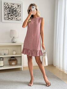 Easowa 红白格子荷叶边下摆无袖圆领女式迷你连衣裙 - 紅白色 - 查看 6