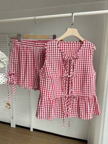 Comfortcana Bộ 2 món áo kẻ caro đỏ trắng mùa hè cỡ lớn thắt nơ 3 chiếc và quần short - Đỏ và trắng - Xem 6