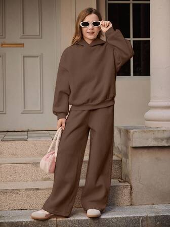 SHEIN Rosa hoodieset för tweenflickor, långärmad hoodie och lösa, avslappnade mjukisbyxor, höst/vinter