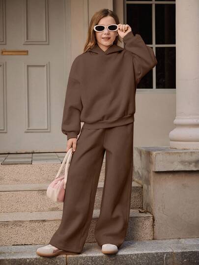 SHEIN 少女粉色连帽衫套装，长袖连帽衫搭配宽松休闲运动裤，秋冬季