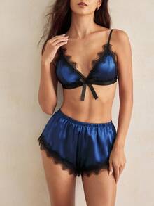 Charlaine Women's Contrast Lace Patchwork Spaghetti Strap Bow Decor Sexy Lingerie Set - Navy Blue - View 1