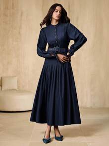 Anewsta 优雅优雅基本款领口长袖系带袖口腰带褶皱下摆女式冬季长袖连衣裙 - 藍色 - 查看 5