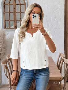 EMERY ROSE Blusa casual de unicolor para vacaciones - Blanco - Ver 3