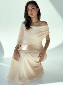 Aloruh Váy suông cổ thuyền lệch vai ôm vừa vặn mới có chi tiết buộc nơ, váy đuôi cá dài màu xanh lá cây đa năng cho sinh nhật, tiệc tùng, cocktail - Màu be - Xem 4