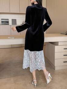 DAZY Women's Elegant Commuter Color Block Lace Patchwork Dress - Black and White - View 3