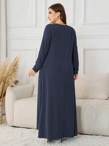 Lacomfia Knitted Stretchy Hazy Blue Long Sleeve Pleated Pocket Minimalist Casual Loose Soft Plus Size Dress For Women - Navy Blue - View 2
