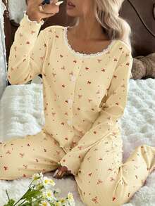 SHEIN 两件套蝴蝶结蕾丝装饰圆领上衣和裤子睡衣套装，冬季服装 - 黃色 - 查看 5