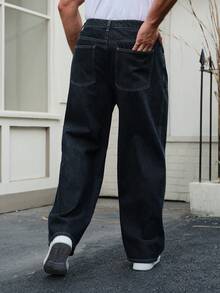 DAZY Jeans de pierna ancha para hombre, tela de denim crudo índigo con diseño de parche, otoño - Azul - Ver 2