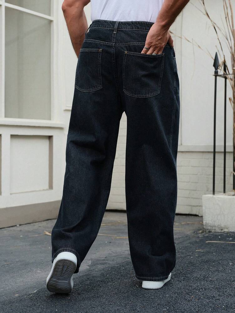 Men's Wide Leg Jeans, Indigo Raw Denim Fabric With Patch Design, Autumn