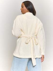 MUSERA Plus Knitted Vneck Wrap Tie Waist Cardigan , Autumm, Winter, Cool Girl, Cosy, Everyday, Tusk - White - View 4