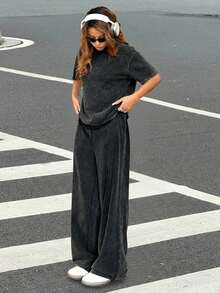 Muchica Autumn Winter Casual Crew Neck Short Sleeve Straight Leg Pants Distressed Wash Loose Outfit - Black - View 5