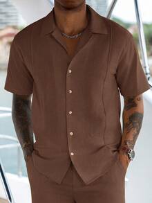 VENTUSAIL 男士休闲、度假、日常通勤简约纯色短袖衬衫长裤套装，春夏秋季 - 咖啡棕 - 查看 3