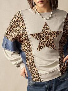 Bohemela 波西米亚风休闲针织拼接豹纹和星星图案圆领宽松水洗女式卫衣 - 杏色 - 查看 4