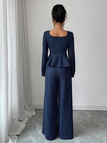 SHEIN Elenzya 秋冬新款粗花呢银线两件套，法式浪漫优雅淑女设计开叉领收腰荷叶边下摆长袖开衫+高腰直筒裤套装，适合独立日 - 藏蓝色 - 查看 3