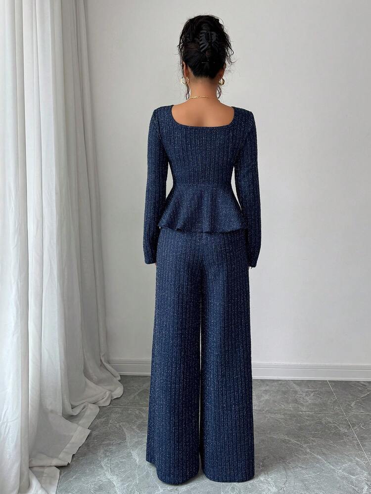 SHEIN Elenzya 秋冬新款粗花呢银线两件套，法式浪漫优雅淑女设计开叉领收腰荷叶边下摆长袖开衫+高腰直筒裤套装，适合独立日 - 藏蓝色 - 查看 3