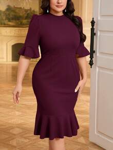 SHEIN Privé Vestido formal de línea A de manga abullonada, de talla grande, para mujer, elegante y casual, para oficina y uso diario - Rojo violeta - Ver 1
