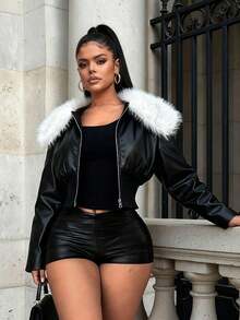 SHEIN SXY Women's Chic PU Leather Padded Coat,Patchwork Faux Fur Collar Zip-Up Wide Hem Jacket,Black And White Winter Night Out Fall Fashion Latina Street - Black and White - View 8