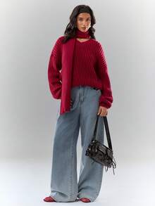 Glamine Damski sweter w jednolitym kolorze z dekoltem w serek i długim rękawem, na co dzień, jesień/zima - Burgund - Zobacz 1