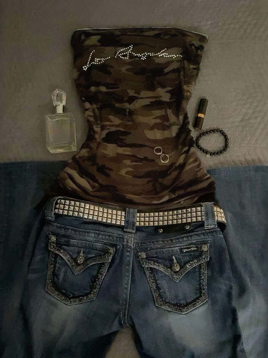 Glimmora Women's Rhinestone Letter Camo Print Fashion Bandeau Top - Multicolor - View 1