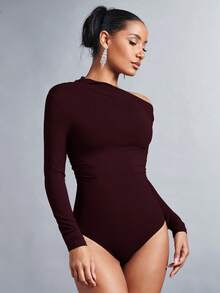 SHEIN BAE 女士纯色褶皱不对称肩长袖连体衣 - 紫紅色 - 查看 6
