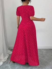 Elenzga Váy dài chữ A dệt vải cỡ lớn họa tiết hoa nhỏ thanh lịch, cắt ngẫu nhiên, cổ vuông tay bồng, viền bèo nhún eo, thời trang đa năng cho tiệc vườn, đi chơi, phong cách đặc biệt, hiệu suất cao - Đỏ - Xem 2