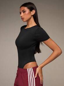 SHEIN BAE 女式无袖露背弹力纯色夏季运动连体裤 - 黑色 - 查看 7