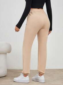 SHEIN Cottnline Elastic Waist Casual Sweatpants With Slant Pockets - Beige - View 2