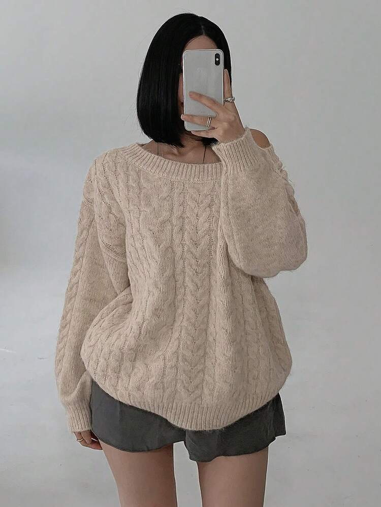 Women's Loose Knit Sweater With Shoulder Cut-Out Design