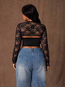 Rustia Top scurt din dantelă neagră, mărime plus, asortat cu bluză, semitransparent, versatil, mânecă lungă, legături în față, top scurt la modă